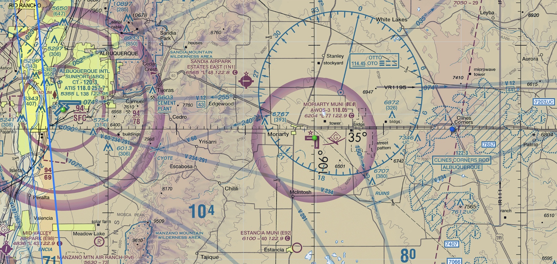 Aeronautical sectional chart showing Moriarty Airport east of Albuquerque and the nearby Albuquerque Class C airspace.